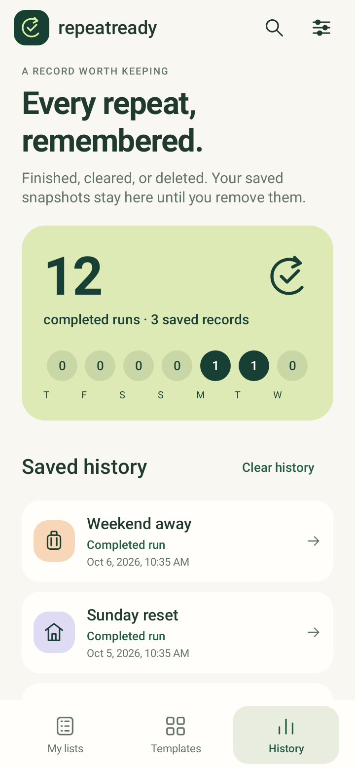 RepeatReady history design preview showing saved snapshots and a Clear history control.